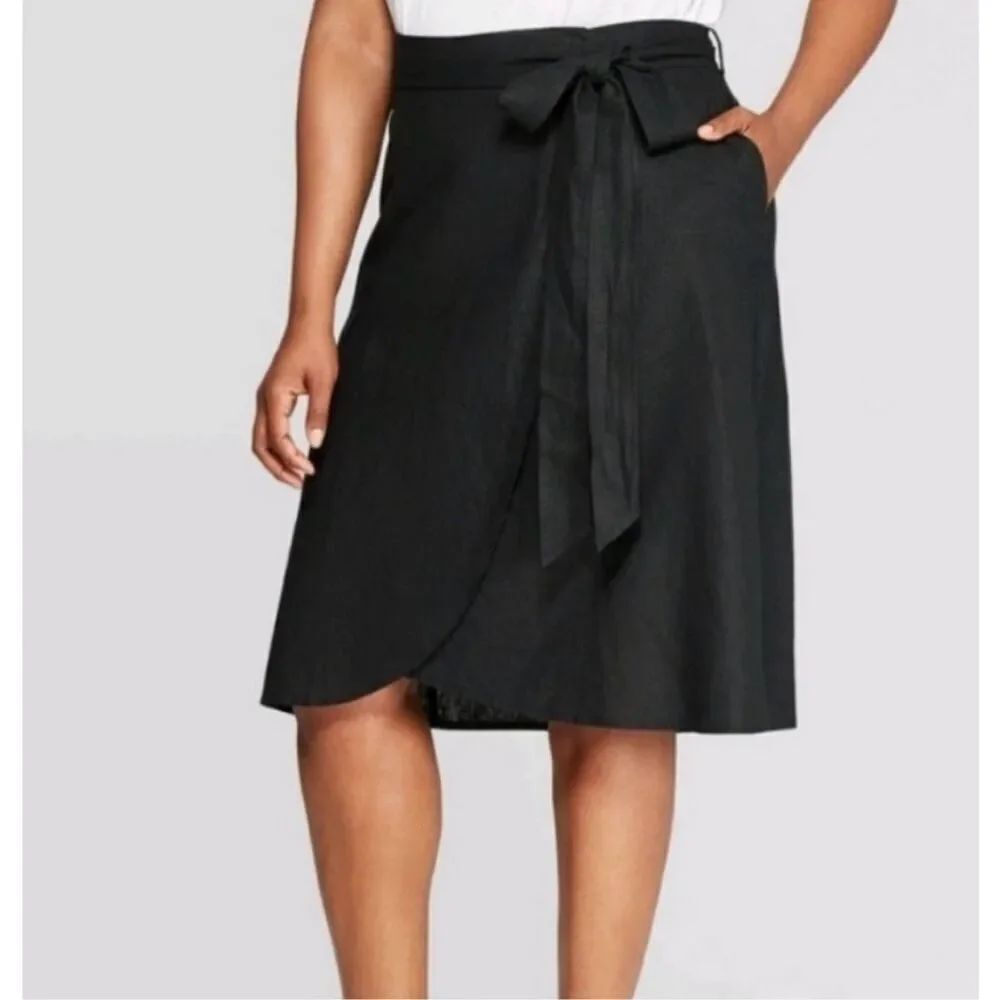 NWOT Womens Ava & Viv Black Tie Waist Linen Faux Wrap Skirt  - Sz 4X